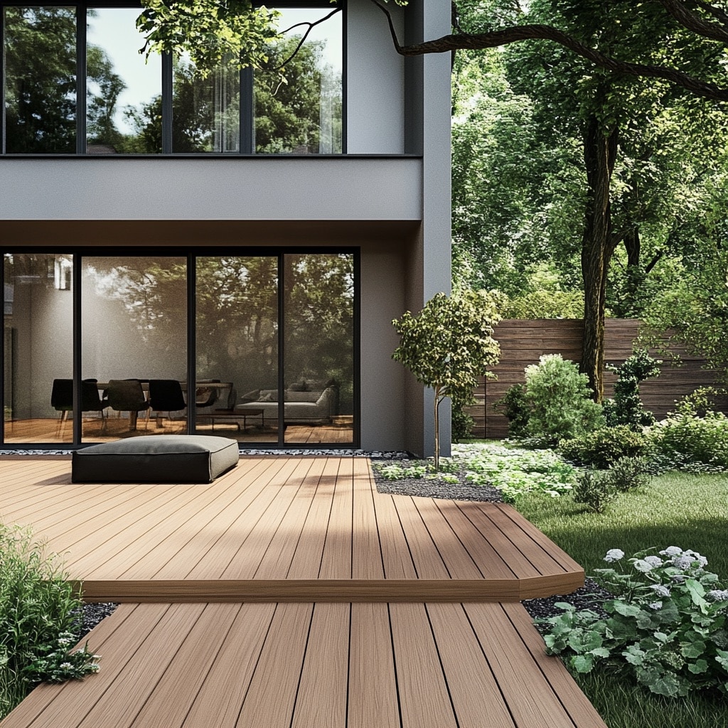 jolie terrasse en bois avec maison moderne