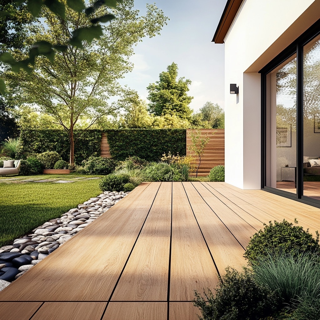 terrasse en bois magnifique avec pelouse à côté